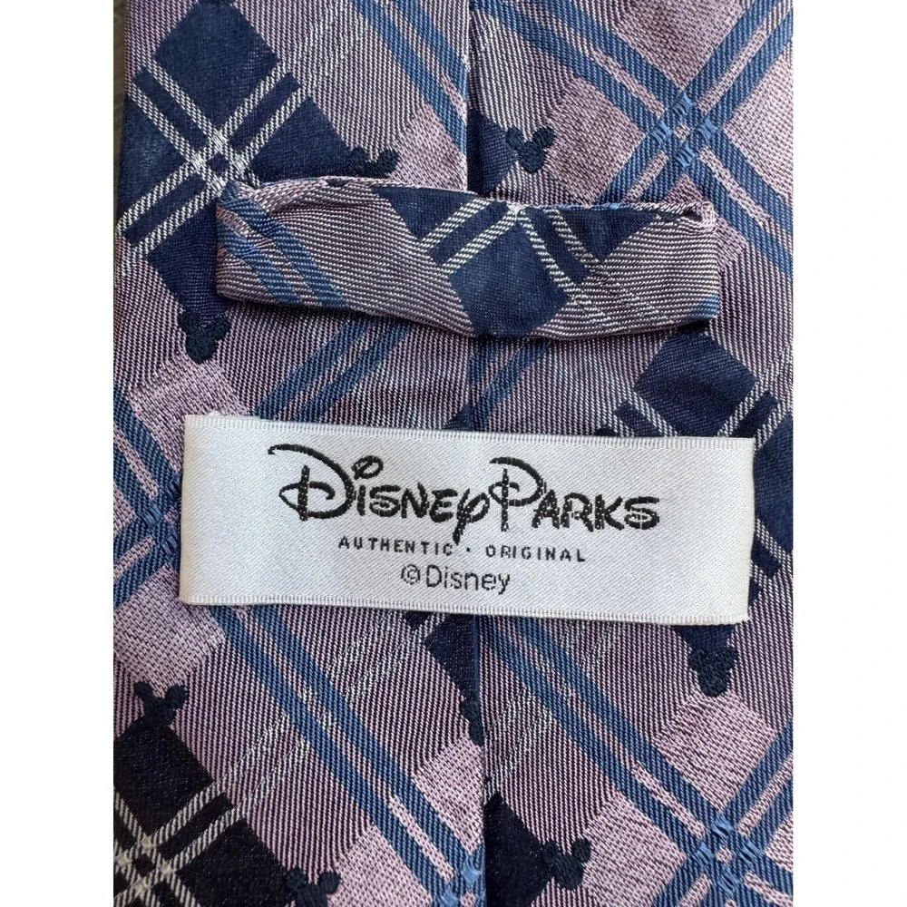 Disney Parks Mens Silk Tie Mickey Mouse Plaid Purple Navy Blue Woven Necktie